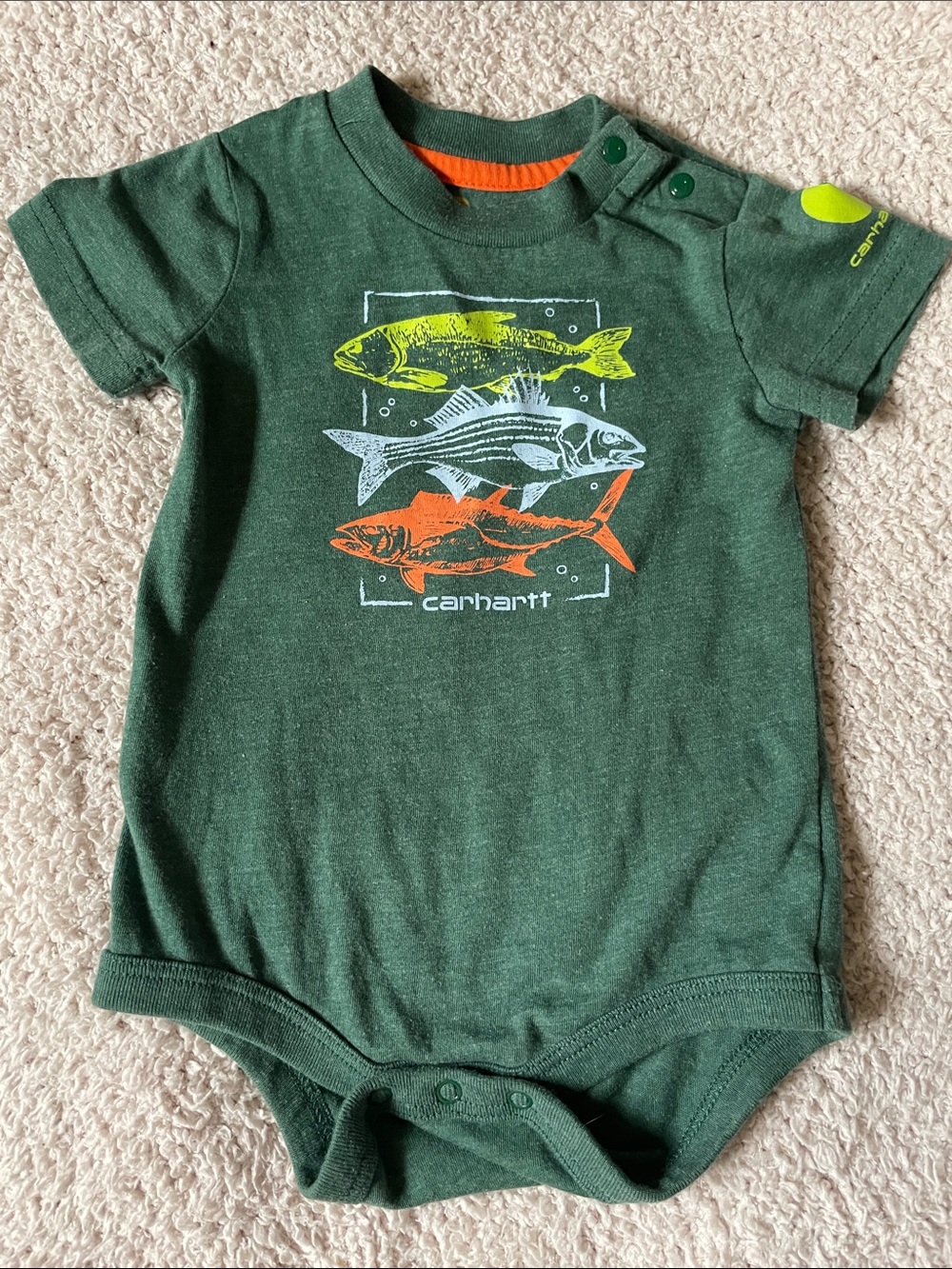 Carhartt Fishing Green Baby One-Piece with Yellow, White & Orange Fish Graphic